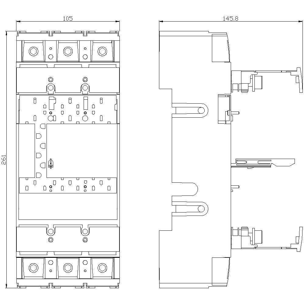 Technische Zeichnung eines elektrischen Schalters mit Front- und Seitenansicht. Maße: 105 x 145,8 mm, Höhe: 182 mm.