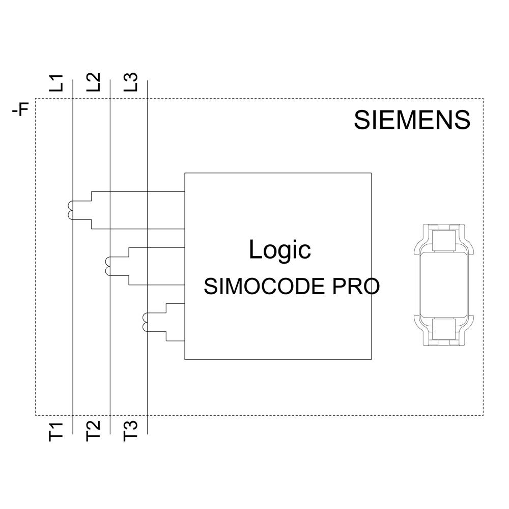 Schaltplan eines Motors mit SIMOCODE PRO. Links sind L1, L2, L3 eingezeichnet, daneben der SIMOCODE PRO-Logik-Schaltkreis von Siemens.