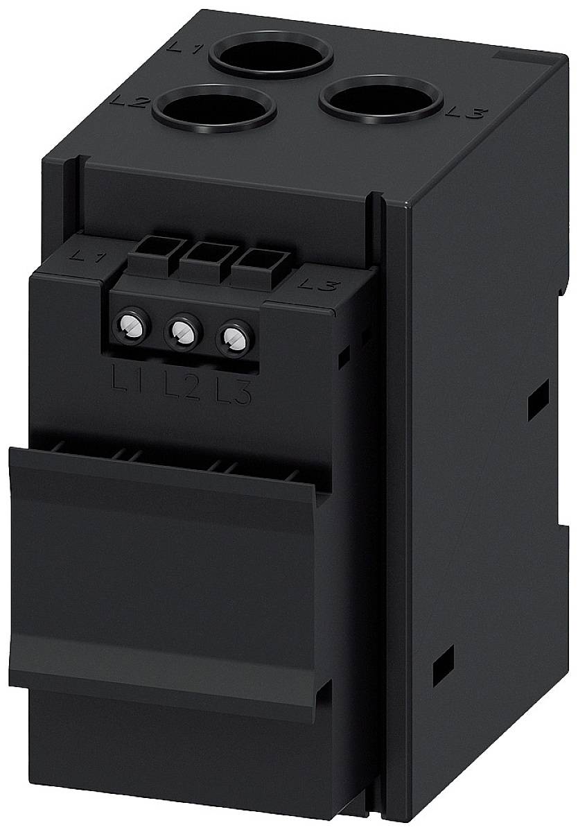 Ein schwarzer elektrischer Schalterblock mit drei oberen Anschlüssen und vier vorderen Klemmen. Geeignet für industrielle Anwendungen.