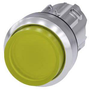Ein runder, gelber Druckknopf mit einem silbernen Rahmen, oft verwendet für industrielle Steuerungen oder elektronische Geräte.