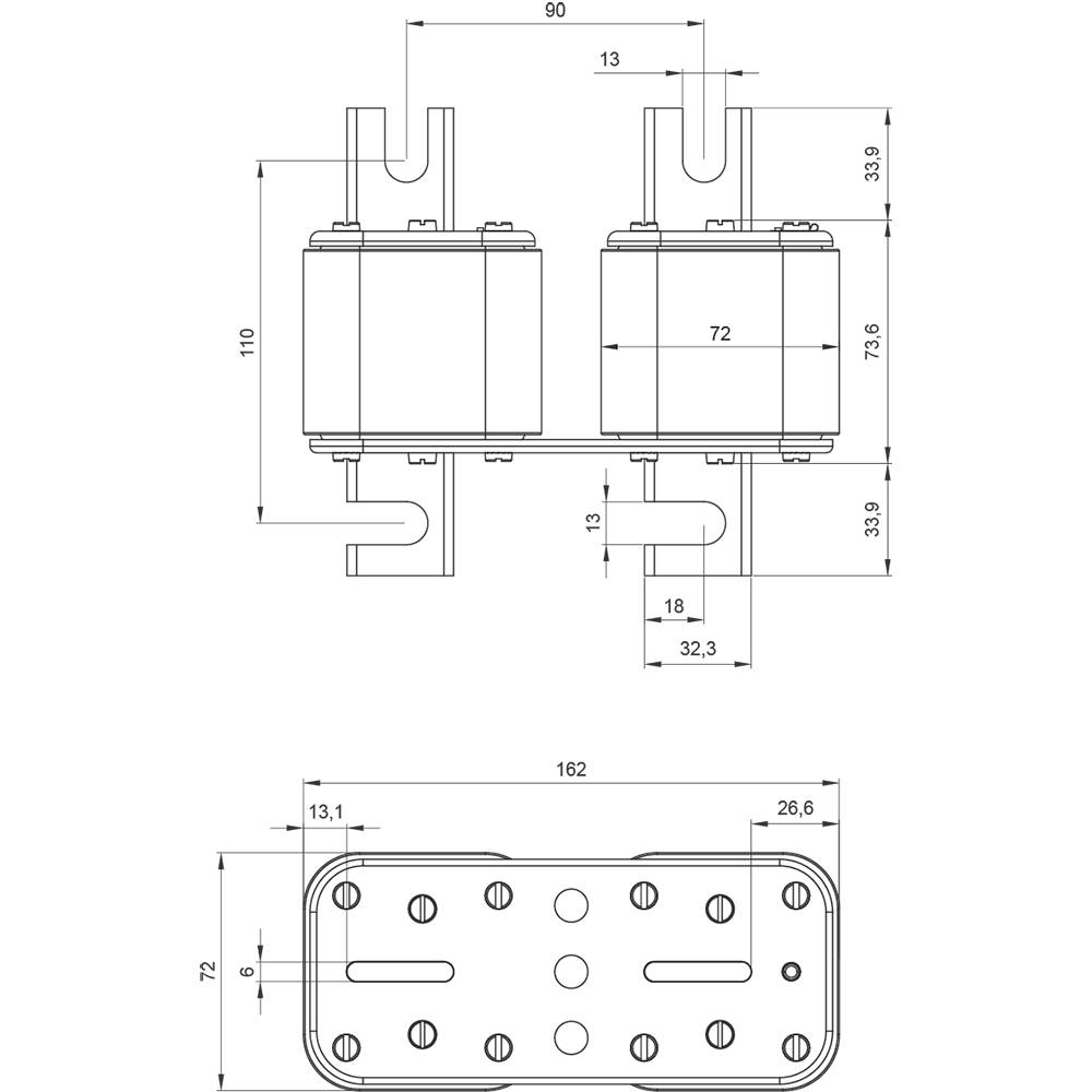 Technische Zeichnung von zwei verbundenen Bauteilen mit Abmessungen. Hauptmaße: 110x90 für das obere Teil, 162 Breite insgesamt.