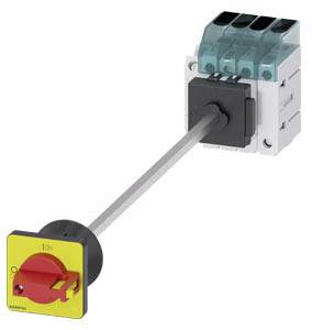 Ein elektrischer Lasttrennschalter mit gelbem Bedienfeld und rotem Drehgriff.