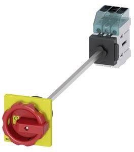 Ein Not-Aus-Schalter mit rotem Drehgriff auf gelbem Hintergrund, verbunden mit elektrischen Komponenten, dargestellt in einer 3D-Darstellung.
