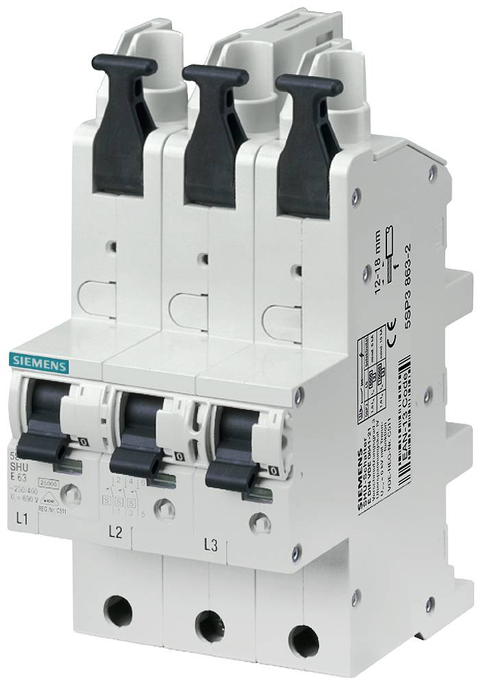 Ein dreipoliger Leistungsschalter von Siemens in weiß und schwarz, verwendet zur Steuerung und Schutz von elektrischen Schaltkreisen.