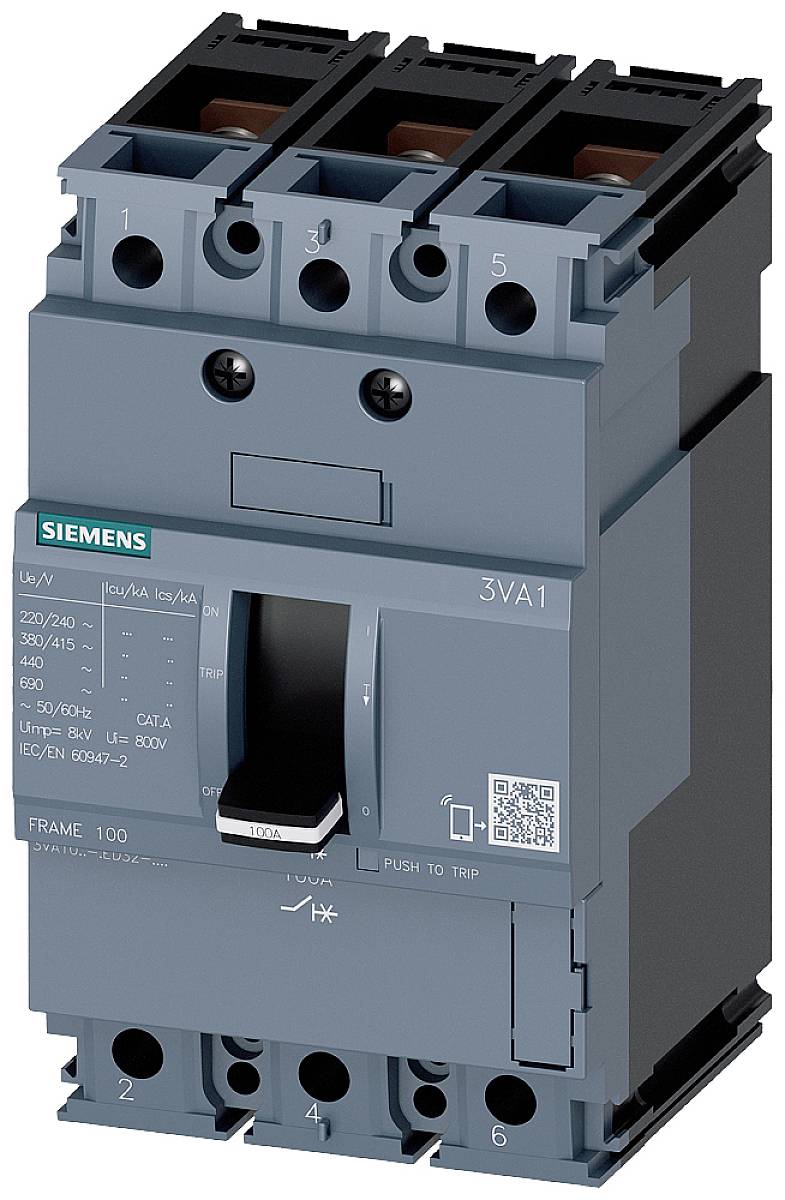 Ein blauer elektrischer Leistungsschalter der Marke Siemens. Er hat drei Anschlusspunkte oben und unten sowie einen großen Kippschalter in der Mitte.