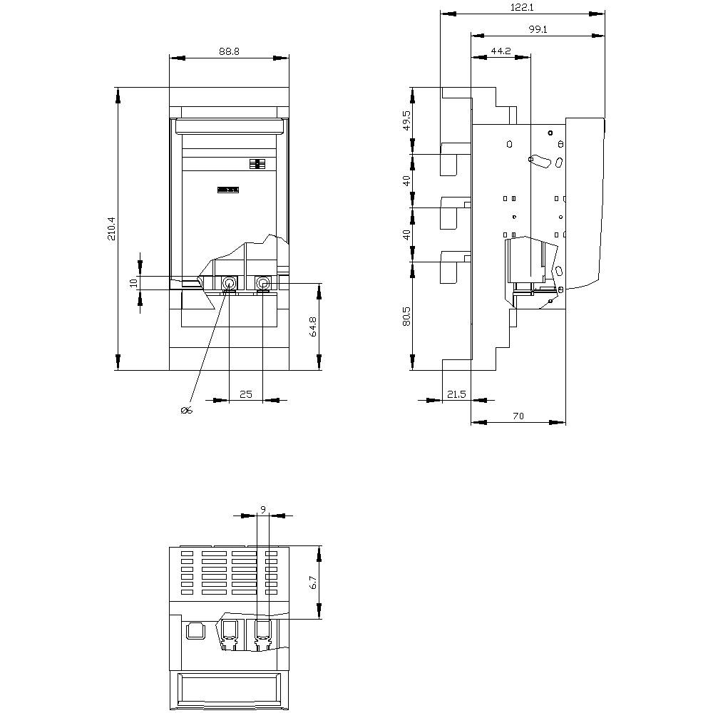 Technische Zeichnung eines elektrischen Geräts mit Maßangaben in Millimetern. Zeigt Vorder-, Seiten- und Draufsicht des Geräts.