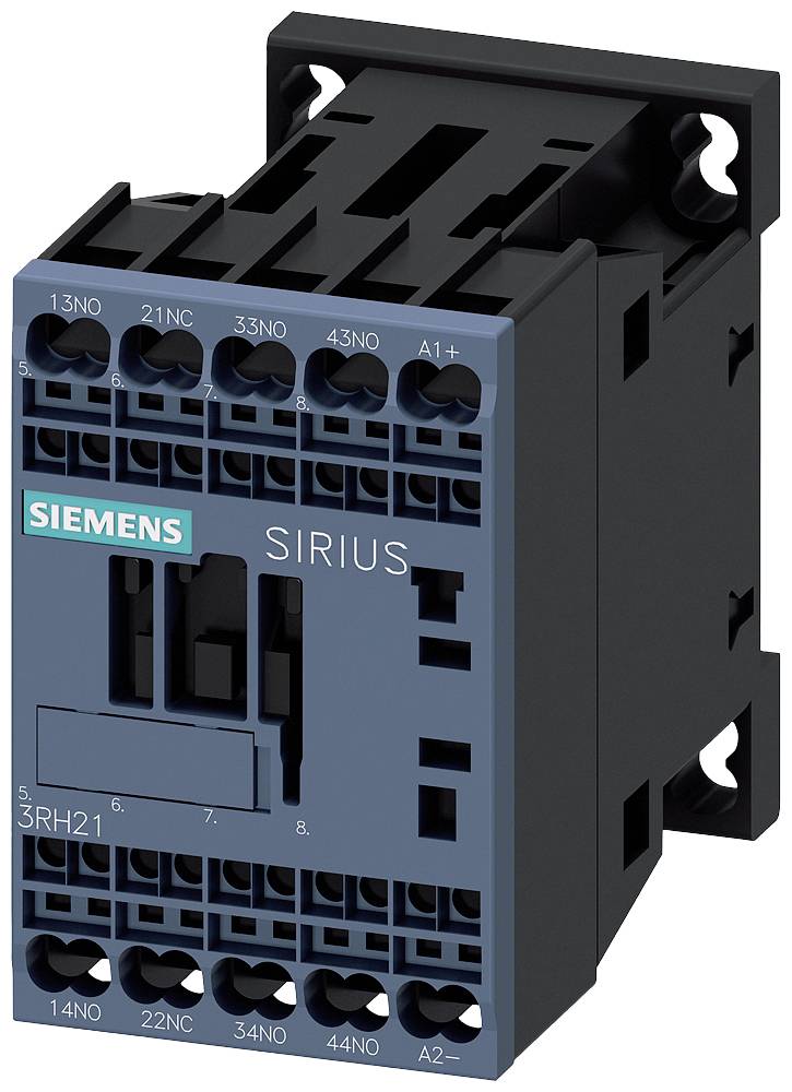 Ein blauer Siemens SIRIUS Schütz, Modellnummer 3RH21, mit mehreren beschrifteten Anschlüssen in einer schwarzen Montagehalterung.