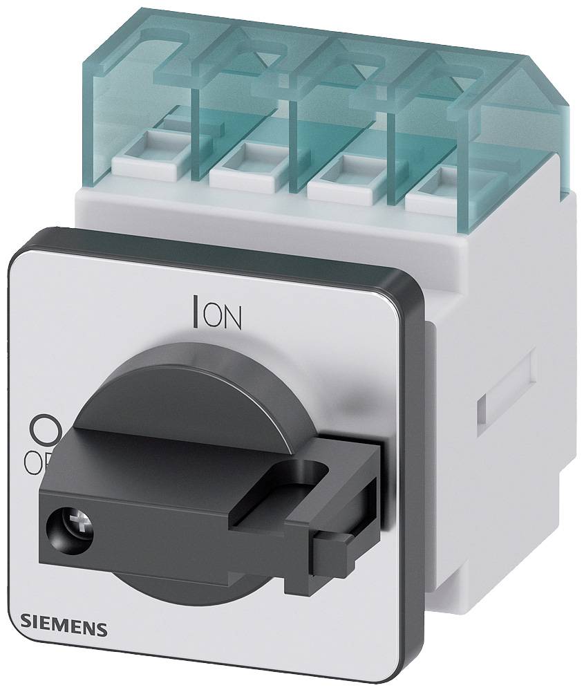 'Siemens'-Schalter in quadratischer Form mit Drehknopf, Positionen 'I' für Ein und 'O' für Aus markiert, mit durchsichtiger Abdeckung.