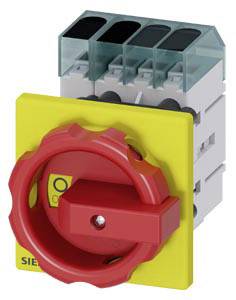 Ein roter Not-Aus-Schalter auf gelber Grundplatte, markiert mit einem Symbol für Ein/Aus, montiert auf einem elektrischen Gerät.