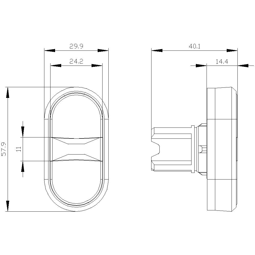 Technische Zeichnung eines ovalen Bauteils mit Maßen: 57,9 mm Höhe, 29,9 mm Breite, seitliche Ansicht zeigt eine Länge von 40,1 mm.