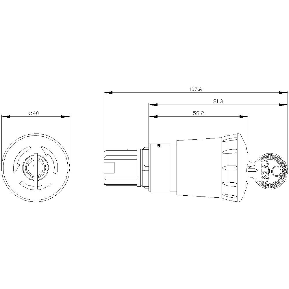 Technische Zeichnung eines Bauteils mit Seiten- und Frontalansicht. Maßen: Durchmesser 40 mm. Länge 107,6 mm. Enthält genaue Detailansichten.