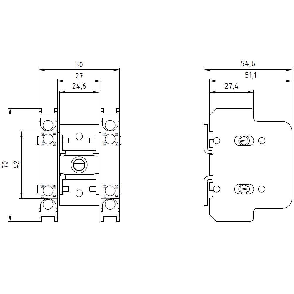 Technische Zeichnung eines Bauteils mit Bemaßungen. Links: Höhe 72, Breite 50. Rechts: Breite 54,6, Tiefe 27,4.