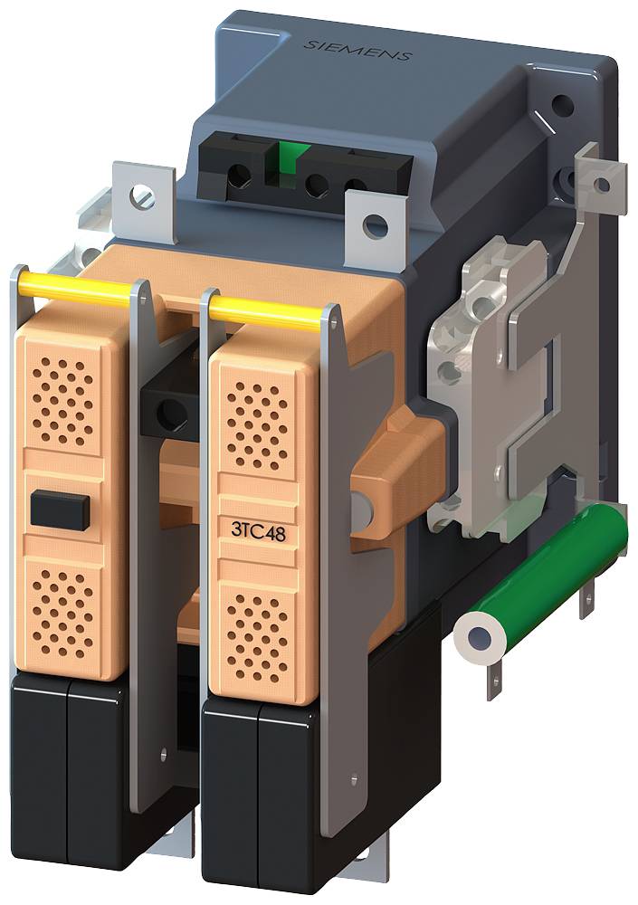 Industrielles elektromagnetisches Relais mit orangen Komponenten und grauem Gehäuse, verwendet in elektrischen Schaltkreisen.