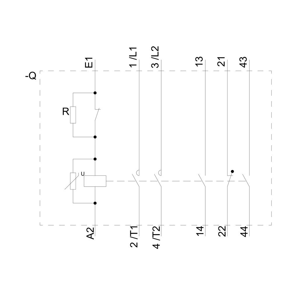 Ein Schaltkreisdiagramm mit Schaltern, Widerstand R und Leitungen E1, A2, T1/T2, L1/L2, L3/L2. Diagramm zeigt Verbindungen und Schaltzustände.