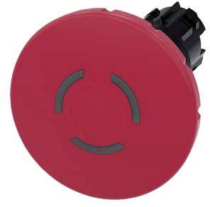 Roter Not-Aus-Schalter mit kreisförmigen Markierungen, verwendet zur schnellen Maschinenabschaltung in Notfällen.