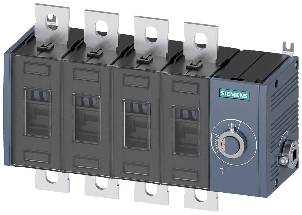 Ein Schaltschrank von Siemens mit einem Drehschalter und mehreren Anschlüssen, für elektrische Installationen geeignet.