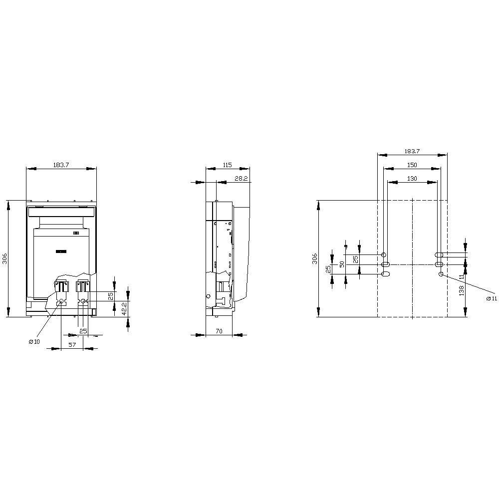 Technische Zeichnung eines Geräts mit drei Ansichten: Vorderseite, Seite, und Drahtrückseite, mit detaillierten Maßangaben in Millimetern.