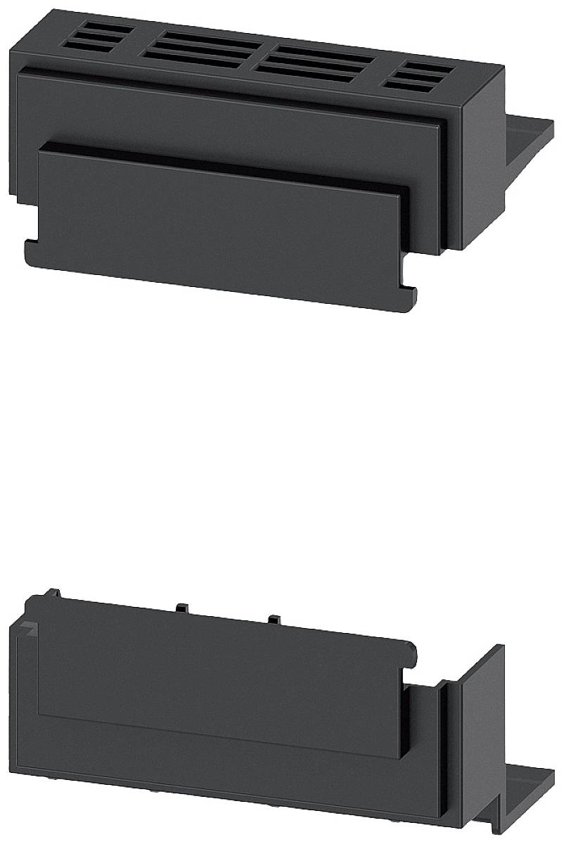 Schwarzes Kunststoff-Gehäuse in zwei Perspektiven: oben mit Lüftungsschlitzen und unten mit Seitenansicht, geeignet für Montage.