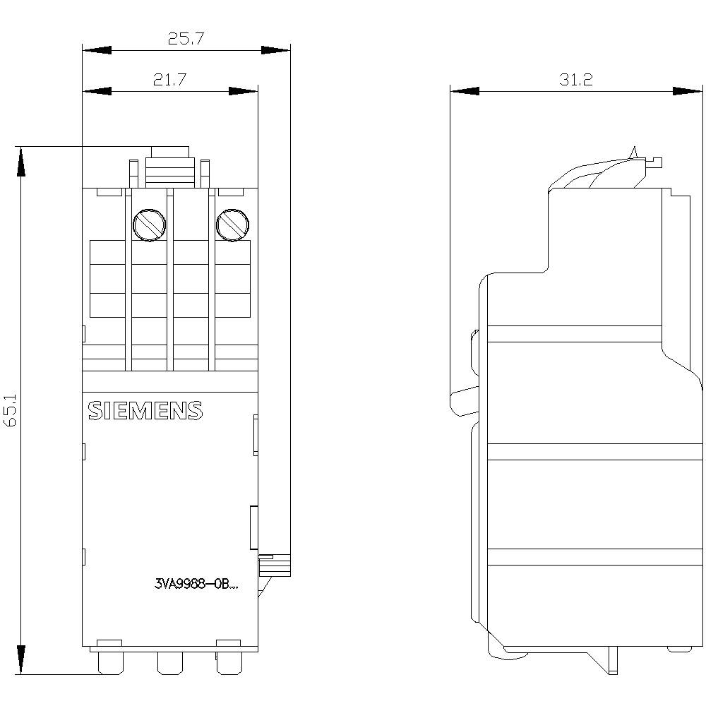 Technische Zeichnung eines elektrischen Bauteils von Siemens, Vorder- und Seitenansicht mit Maßen.