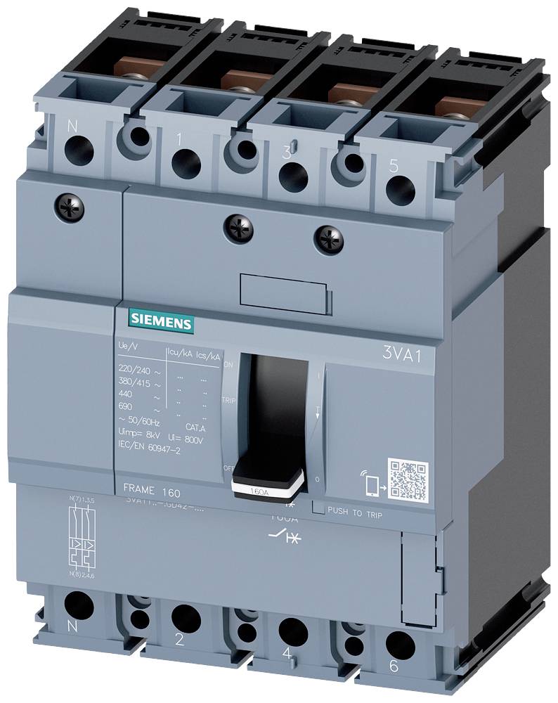 Ein Siemens-Leistungsschalter 3VA1 mit blauer Gehäusefarbe und 160 A. Geeignet für industrielle Anwendungen, mit Anschlüssen oben.
