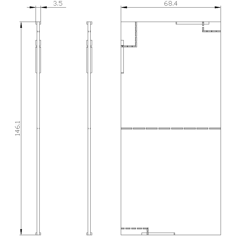 Technische Zeichnung eines rechteckigen Bauteils mit Maßen 146,1 x 68,4 x 3,5 mm, seitliche und frontale Ansicht dargestellt.
