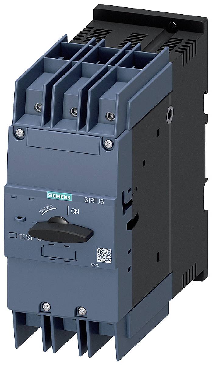 Ein elektrischer Industrieschalter mit Siemens-Logo, hebelbetätigt, grau-blau, mit der Aufschrift 'ON' für eingeschaltet und 'TEST' für Testmodus.