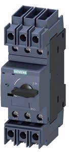 Schwarzer Leistungsschalter von Siemens mit Drehknopf auf Mittelstellung, montierbar, dreipolig, geeignet für Schutz gegen Kurzschluss.