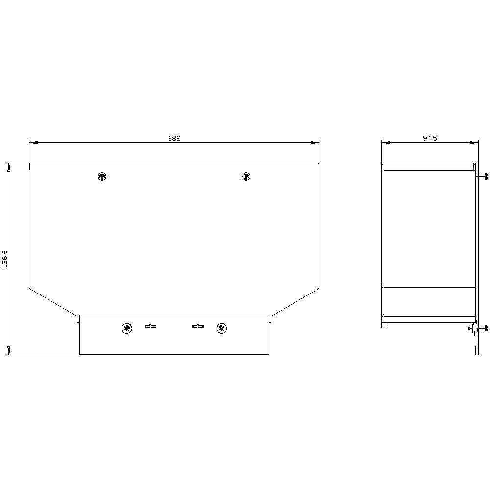 Technische Zeichnung eines rechteckigen Behälters mit den Maßen 282 mm Breite und 300,6 mm Höhe, seitlich 94,5 mm Tiefe.
