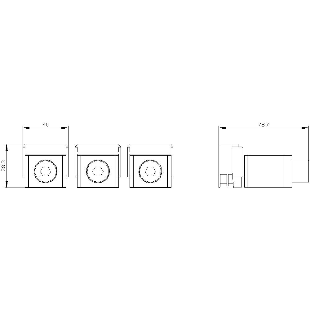 Technische Zeichnung: Seitenansicht und Vorderansicht von drei quadratischen Bauteilen mit Pfeil zu Maßen, 40x38,3x78,7 mm.