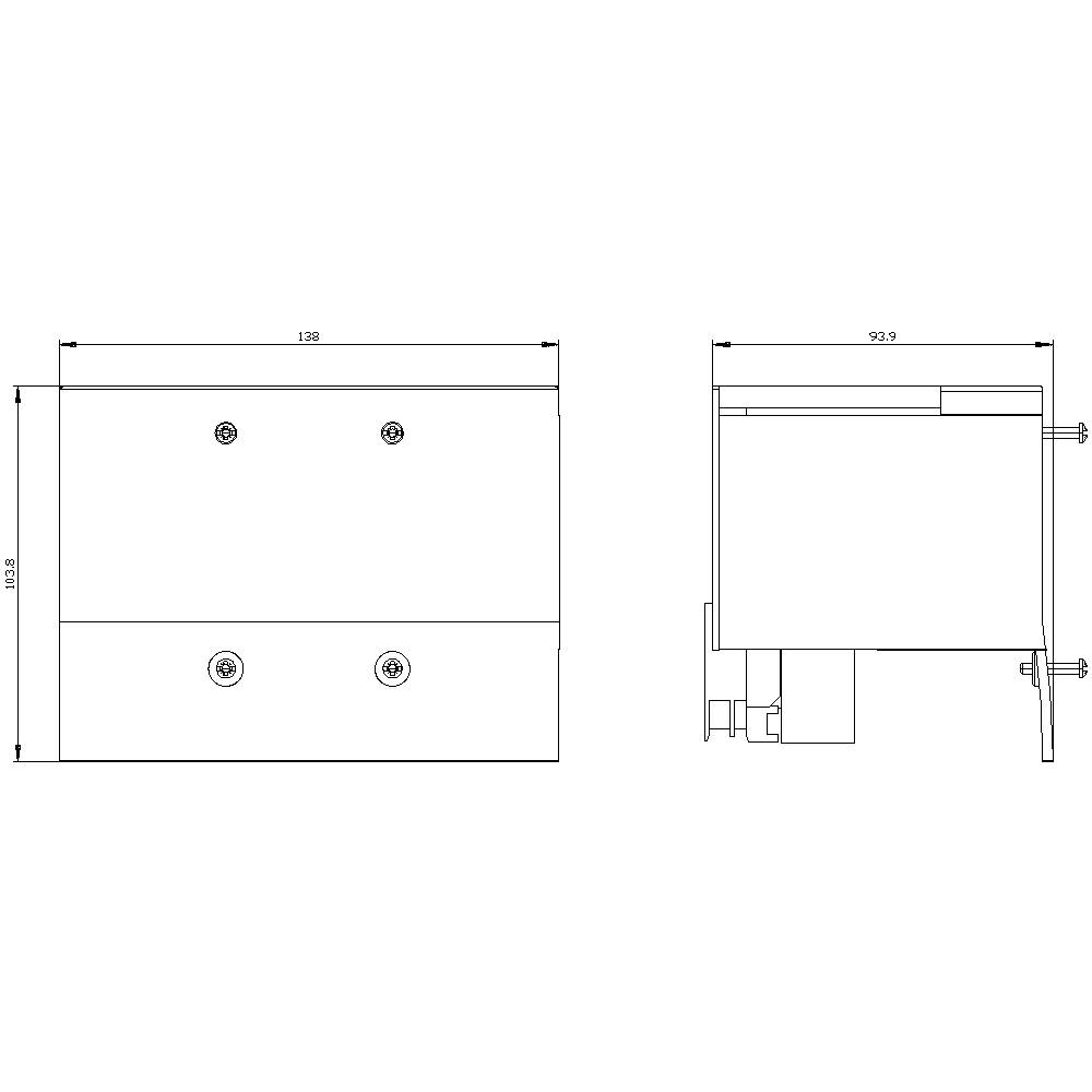 Zeichnung eines rechteckigen Bauteils mit Maßen: Breite 128 mm, Höhe 110,5 mm, Tiefe 93,9 mm. Ansicht von vorne und der Seite.