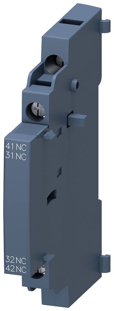 Schmales, blaues elektrisches Bauteil mit vier Beschriftungen: '41 NC', '31 NC', '32 NC', '42 NC'. Es enthält zwei Schraubenlöcher.