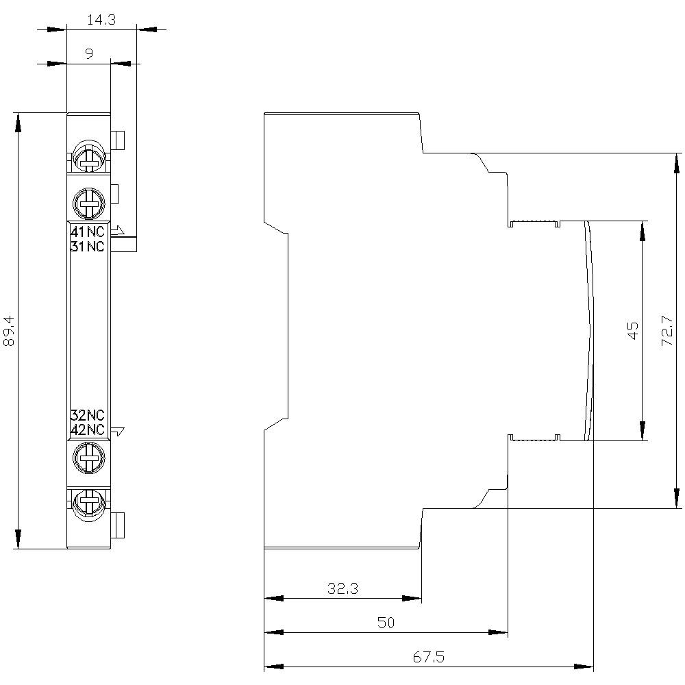 Technische Zeichnung eines Bauteils mit Abmessungen: 14,3 mm, 32,3 mm, 45 mm, 50 mm, 67,5 mm, 72,7 mm und 89,4 mm. Seiten- und Rückansicht.