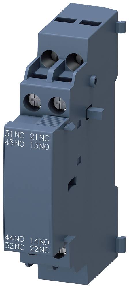 Ein blaues elektrisches Relais mit mehreren Anschlussklemmen, beschriftet mit '31 NC', '21 NC', '43 NO', '13 NC', '44 NO', '14 NO', '32 NC', '22 NC'.