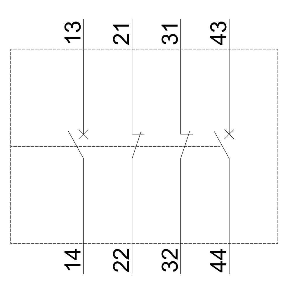 Schema eines Rechtecks mit vertikalen Linien, die in vier Bereiche unterteilt sind. Jede Linie ist mit Zahlen von 13 bis 44 beschriftet.