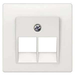 Doppel-Netzwerkdose mit zwei leeren Steckplätzen und einer mittigen Schraube zur Wandmontage, in einem schlichten weißen Rahmen.