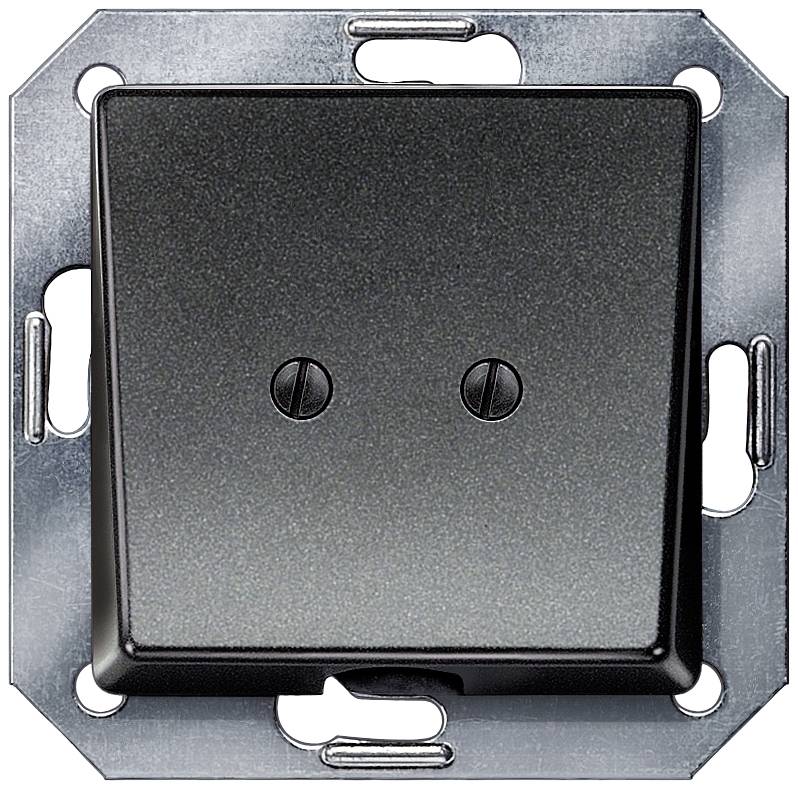 Ein quadratischer Lichtschalter mit Metallrahmen, installiert an einer Wand.