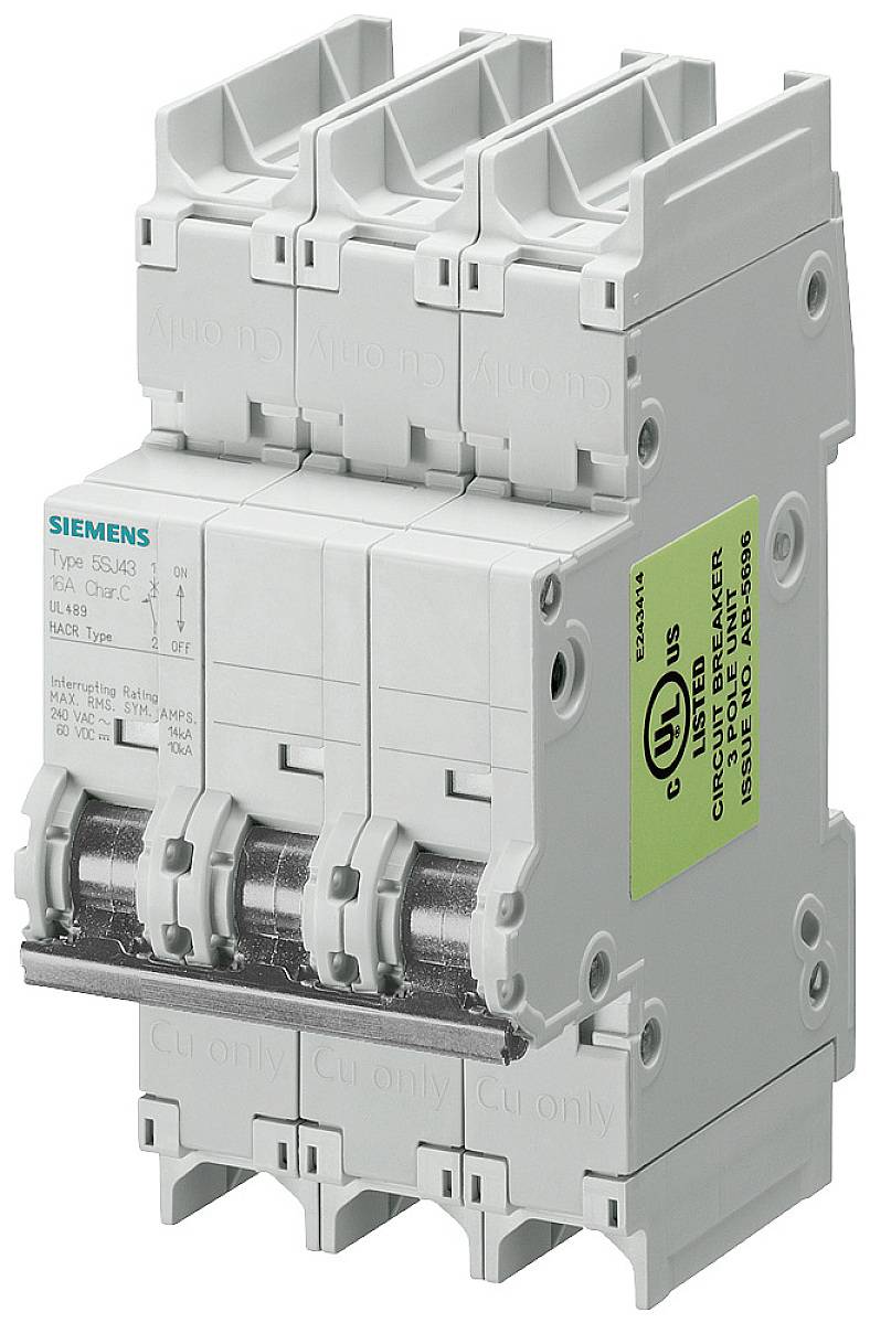 Dreipoliger Leistungsschalter von Siemens, Typ 5SL6. Er dient zum Schutz vor Überlastung und Kurzschluss in elektrischen Schaltungen.