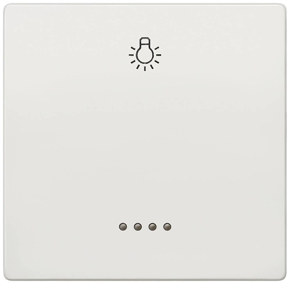 Ein weißer Lichtschalter mit einer Glühbirnenikone oben und vier kleinen Punkten unten, die möglicherweise die Steuerung anzeigen.