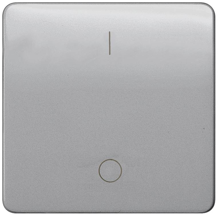 Grauer Lichtschalter mit einem dezenten Kreis unten und einem Strich oben, der ein- und ausschaltenden Zustand anzeigt.