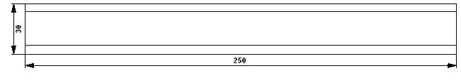 Technische Zeichnung eines rechteckigen Objekts. Länge: 250 Einheiten, Höhe: 30 Einheiten. Zeigt Maßangaben und Kantenansichten.