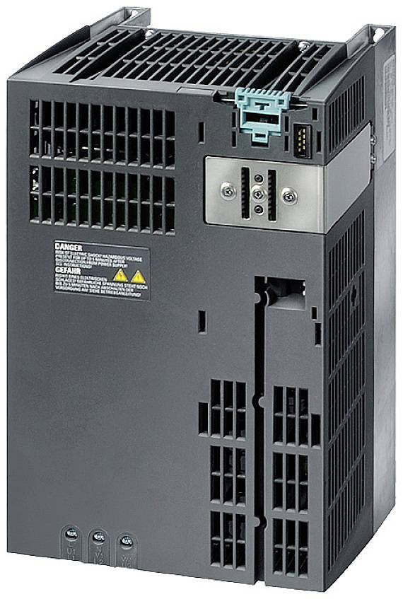 Schwarzer elektronischer Gerät mit Lüftungsschlitzen, Anschlussbuchsen und Warnhinweisen, wahrscheinlich ein Frequenzumrichter.