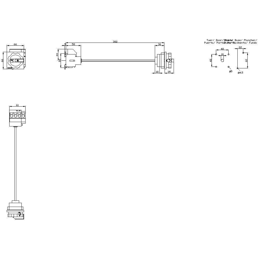 Technische Zeichnung eines elektrischen Steckers mit Maßen. Zeigt Seiten- und Draufsicht sowie Anschlussdiagramm. Hauptabmessung ist 300 mm.