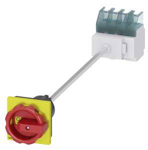 Abbildung eines elektrischen Schaltgeräts mit rotem Drehschalter und gelber Basis. Schalter ist in Aus-Position.