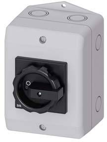 Elektrischer Drehschalter in einem rechteckigen grauen Gehäuse, geeignet für industrielle Anwendungen. Der Schalter hat eine schwarze Frontplatte.