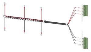 Ein Yagi-Antennendiagramm zeigt eine horizontale Anordnung von Metallstäben, verbunden durch Kabel zu zwei Anschlusspunkten rechts.