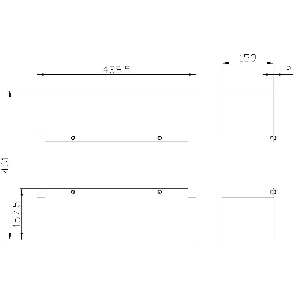 Technische Zeichnung: Maße und Ansichten eines rechteckigen Gegenstands, Breite 489,5 mm, Höhe 461 mm, Seitenansicht zeigt Dicke 159 mm.