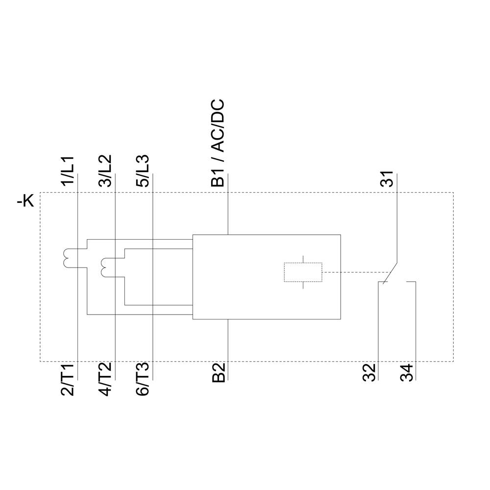 Der Schaltplan zeigt ein elektrisches Schaltmodul mit Anschlussbezeichnungen: 1/L1, 3/L2, 5/L3, 2/T1, 4/T2, 6/T3, und B1 für AC/DC.