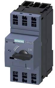 Ein elektrischer Schalter von der Marke Siemens, Modell 'Sirius'. Der Schalter ist auf 'ON' gestellt und hat mehrere Anschlussklemmen.