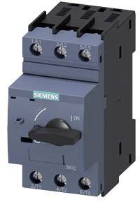 Ein blauer elektrischer Schalter von Siemens mit sechs Anschlussklemmen. Der Schaltknopf ist auf 