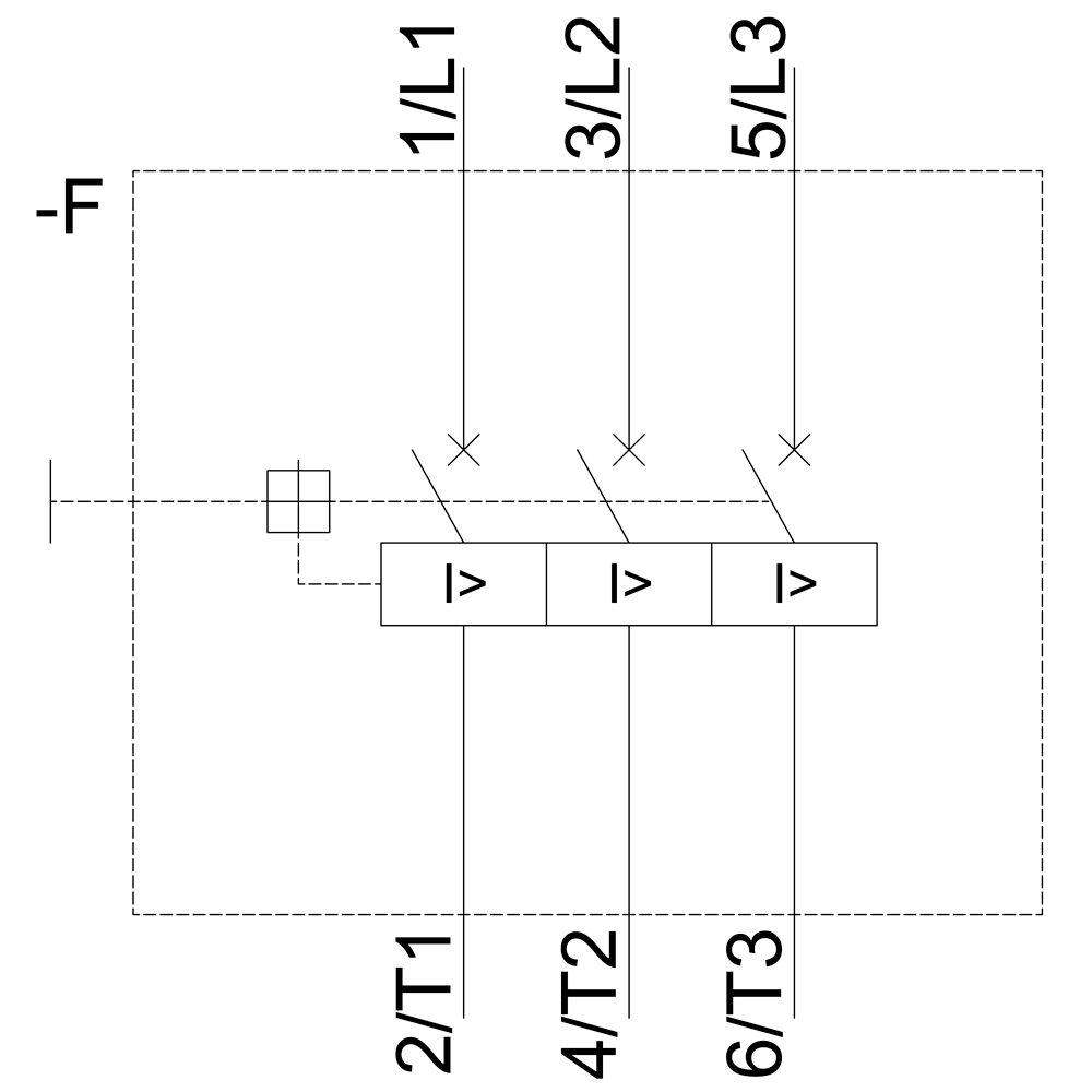 Klemmenbelegung für ein dreiphasiges System: 1/L1, 2/T1, 3/L2, 4/T2, 5/L3, 6/T3. Verbindung über Schaltzeichen dargestellt.